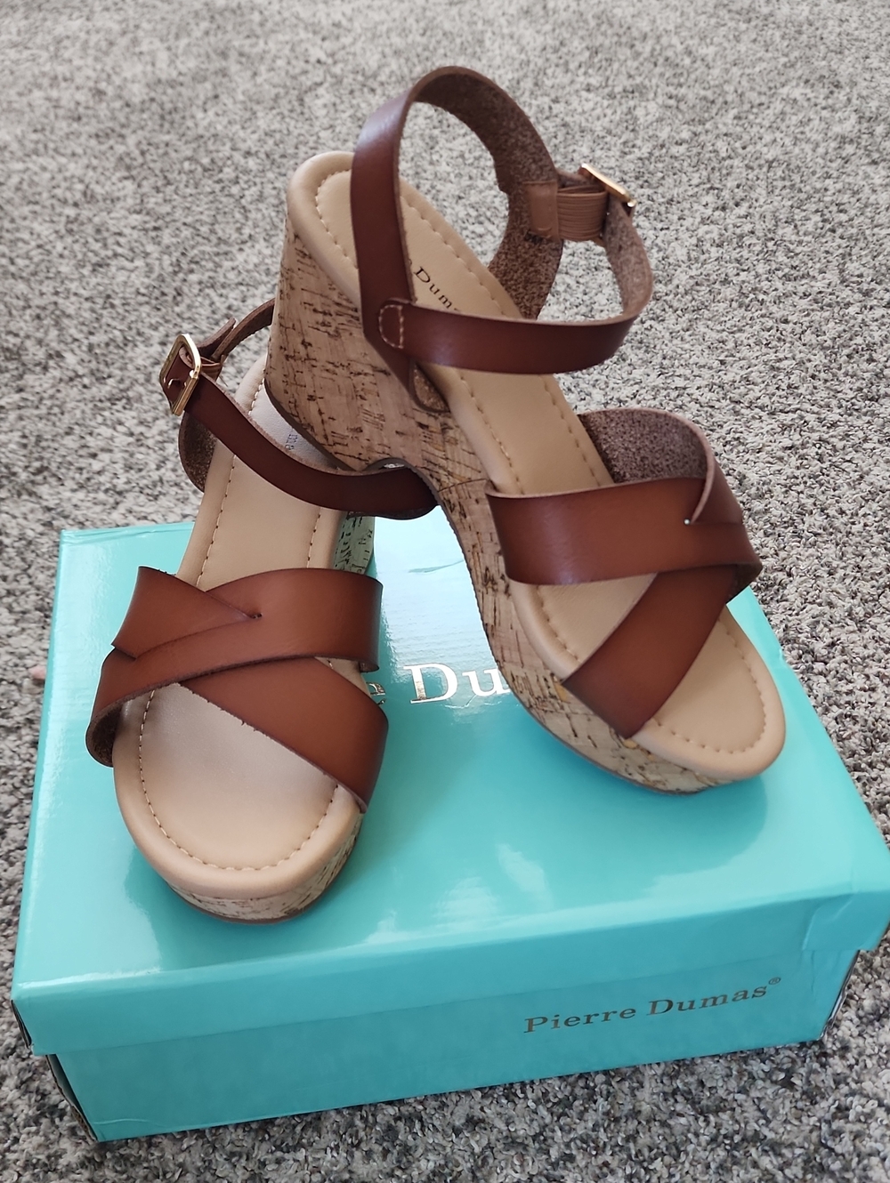 NIB Pierre Dumas Brown Cork Wedge Sandals - Open Toe Ankle Strap 8